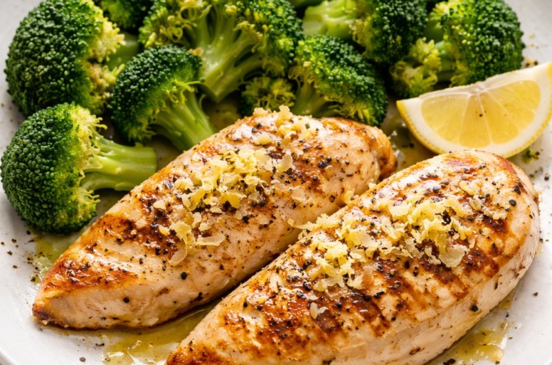 Pechuga de pollo a la plancha con brócoli al vapor y jengibre rallado