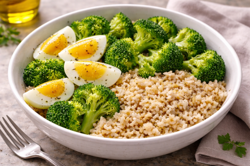 Bowl de arroz integral frío con brócoli, huevo y AOVE