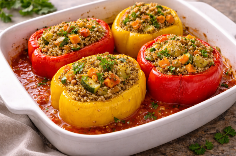 Pimientos rellenos de quinoa y verduras con salsa de tomate