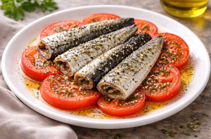 Sardinas en conserva con tomate aliñado y orégano