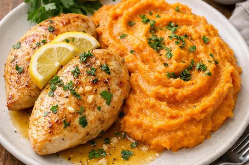 Pechuga de pollo al limón con puré de boniato