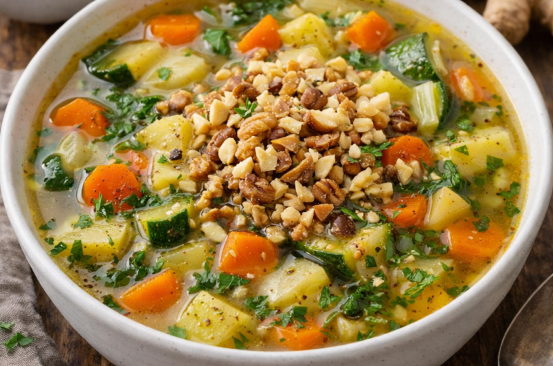 Sopa de verduras con jengibre y frutos secos