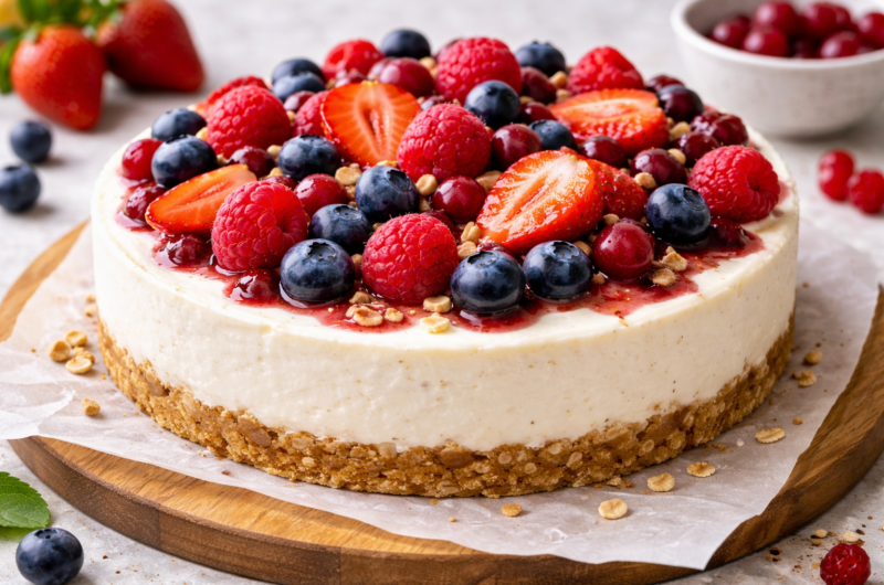 Cheesecake saludable de yogur griego y frutos rojos