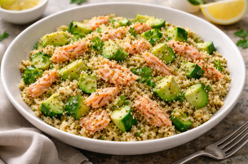 Quinoa con salmón desmenuzado, pepino y aguacate