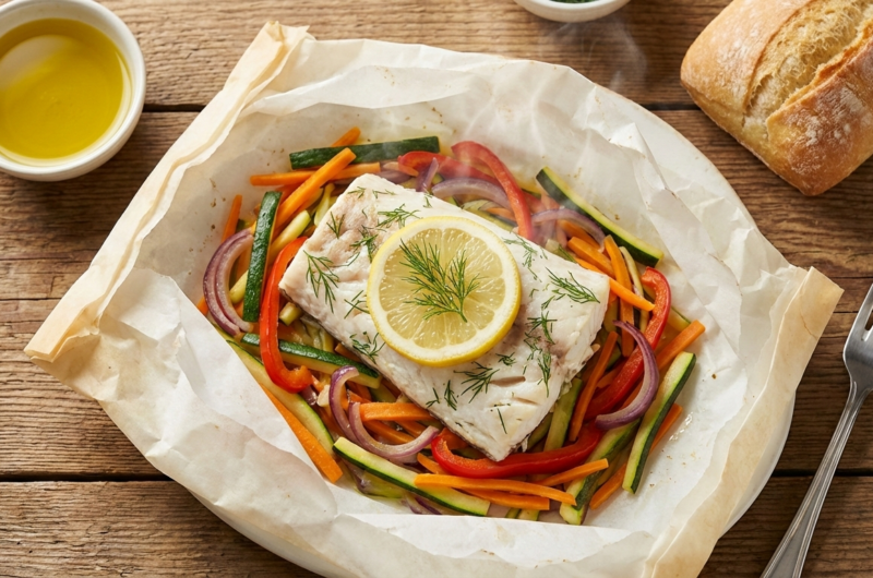 Merluza o Bacalao al Papillote con Verduras