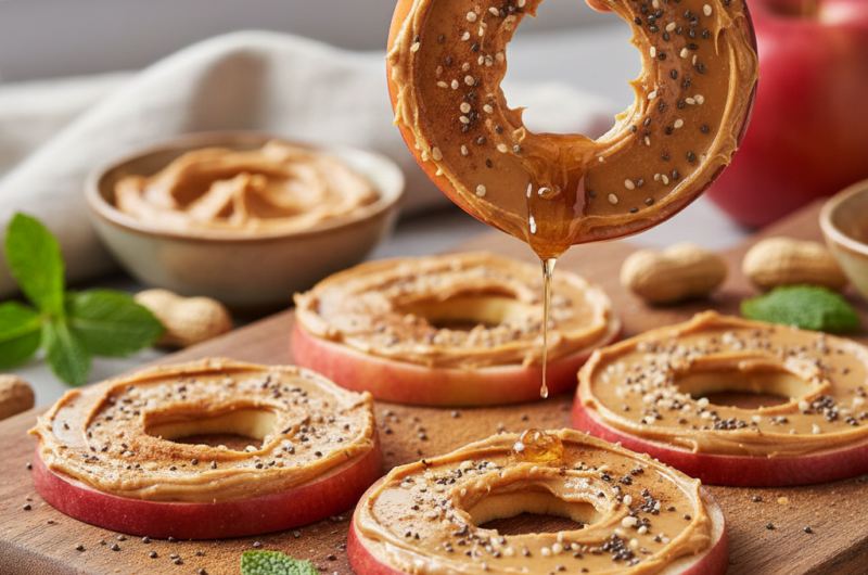 Rodajas de manzana con mantequilla de maní y topping de semillas
