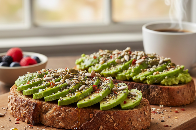 Tostadas integrales con aguacate y mix de semillas