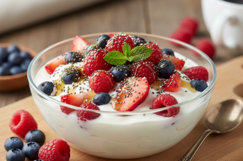 Bol de yogur natural con frutos rojos y un toque de semillas