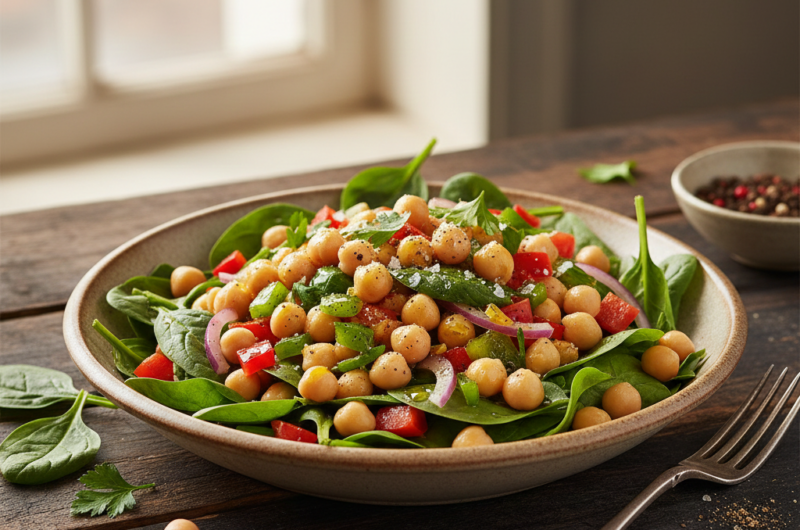 Ensalada Detallada de Garbanzos, Espinacas y Pimientos al AOVE
