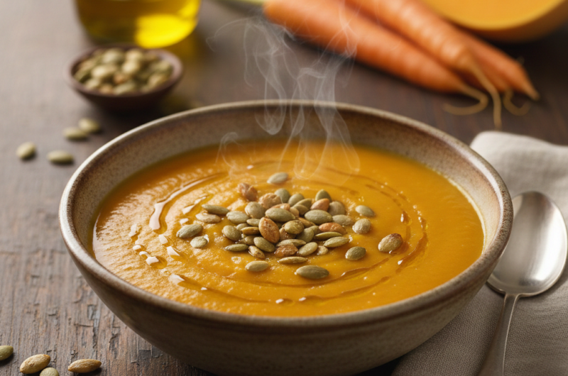 Crema de calabaza y zanahoria con semillas tostadas