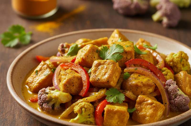 Salteado saludable de pollo o tofu con coliflor al curry